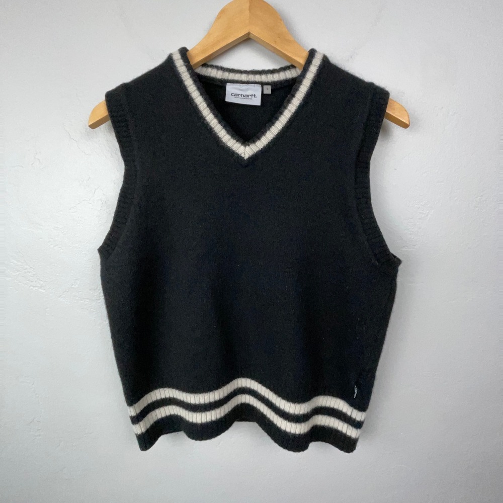 Carhartt WIP Stanford Vest Sweater Womens S Black Lambswool Blend V-Neck Preppy